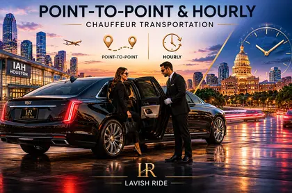 Luxury black executive sedan with Lavish Ride branding providing point-to-point and hourly chauffeur transportation, featuring professional service, upscale city skyline backgrounds, and flexible private travel for business and leisure passengers.