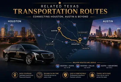 Texas transportation route map showing luxury chauffeur travel connections between Houston, Austin, Dallas, and San Antonio, featuring a premium black Cadillac sedan with Lavish Ride branding alongside major interstate travel corridors and upscale city skyline visuals.