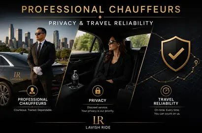 Professional chauffeur standing beside a luxury black sedan with Lavish Ride branding, paired with a private executive passenger interior scene and security-themed visuals, representing discreet chauffeur service, travel privacy, and reliable long-distance transportation.