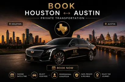 Luxury black executive sedan with Lavish Ride branding positioned between the Houston and Austin skylines at sunset, promoting private intercity transportation with elegant chauffeur service, upscale travel styling, and minimal wording.