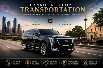 Luxury Cadillac Escalade SUV with Lavish Ride branding traveling between the Houston skyline and San Antonio landmarks, representing private intercity chauffeur transportation with premium comfort, reliable long-distance travel, and upscale executive service.