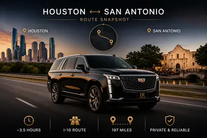 Luxury Cadillac Escalade with Lavish Ride logo license plate positioned between Houston and San Antonio skyline landmarks, illustrating a premium long-distance Texas travel route with minimal wording, upscale chauffeur transportation styling, and executive road travel atmosphere.