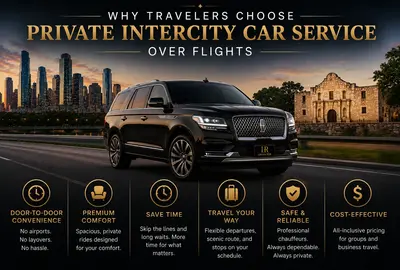 Luxury Lincoln Navigator with Lavish Ride logo license plate driving between the Houston skyline and San Antonio landmarks at sunset, promoting private intercity chauffeur transportation as a comfortable, reliable, and stress-free alternative to commercial flights.