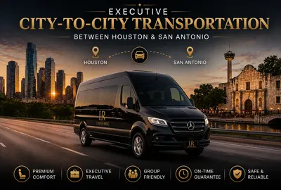 Luxury Mercedes Sprinter van with Lavish Ride logo license plate traveling between the Houston skyline and San Antonio landmarks at sunset, representing executive city-to-city group transportation with premium comfort, reliable long-distance chauffeur service, and upscale private travel.