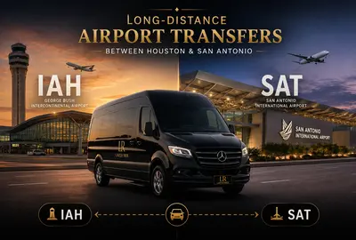 Luxury Mercedes Sprinter van with Lavish Ride logo license plate driving between George Bush Intercontinental Airport (IAH) in Houston and San Antonio International Airport (SAT), featuring split airport terminal backgrounds, upscale long-distance chauffeur transportation styling, and minimal wording.