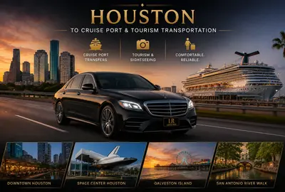 Luxury black Mercedes-Benz sedan with Lavish Ride logo license plate driving between the Houston skyline and a cruise port terminal at sunset, representing premium transportation for cruise transfers, tourism, sightseeing, and long-distance leisure travel across Texas destinations.