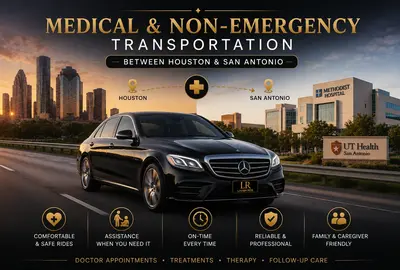 Luxury black Mercedes-Benz sedan with Lavish Ride logo license plate traveling between the Houston skyline and a modern San Antonio medical facility at sunset, representing safe and reliable non-emergency medical transportation with compassionate chauffeur service, comfortable long-distance travel, and professional healthcare transportation support.