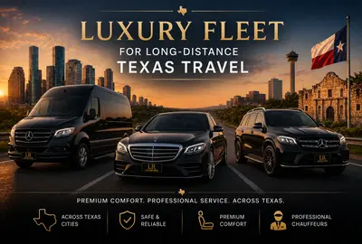 Luxury fleet for long-distance Texas travel featuring a Mercedes Sprinter van, Mercedes executive sedan, and luxury SUV with Lavish Ride logo license plates, positioned between the Houston skyline and San Antonio landmarks at sunset, representing premium private chauffeur transportation, executive comfort, and reliable intercity travel across Texas.