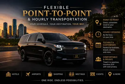 Luxury black Chevrolet Suburban with Lavish Ride logo license plate parked between the Houston skyline and San Antonio River Walk at sunset, promoting flexible point-to-point and hourly chauffeur transportation with private SUV travel, executive comfort, airport transfers, meetings, events, and long-distance Texas transportation services.