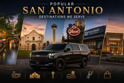 Luxury black executive SUV with Lavish Ride branding positioned in front of iconic San Antonio destinations including the River Walk, The Alamo, Tower of the Americas, and upscale downtown attractions at sunset, representing premium private chauffeur transportation for tourism, leisure, and city travel.