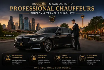 Luxury black BMW 7 Series with Lavish Ride logo license plate parked between the Houston skyline and San Antonio River Walk at sunset, featuring a professional chauffeur and upscale executive travel atmosphere that highlights private transportation, discreet service, reliability, and premium long-distance chauffeur travel.