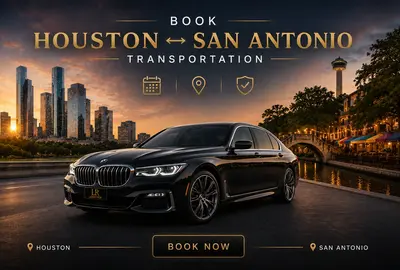 Luxury black BMW 7 Series with Lavish Ride logo license plate positioned between the Houston skyline and San Antonio River Walk at sunset, featuring elegant book-now styling for premium private chauffeur transportation, executive comfort, and reliable long-distance Texas travel between Houston and San Antonio.