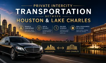 black executive sedan traveling between the Houston skyline and Lake Charles casino district at sunset, promoting private intercity chauffeur service for business trips, casino travel, and premium long-distance transportation.