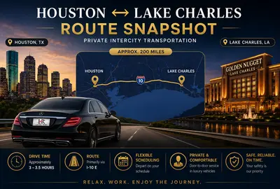 Alt text: Luxury Houston to Lake Charles route snapshot graphic featuring a black executive sedan with Lavish Ride branded license plate, Houston skyline, Lake Charles casino resort, mapped I-10 travel route, and premium chauffeur transportation details including drive time, flexible scheduling, and private long-distance service.