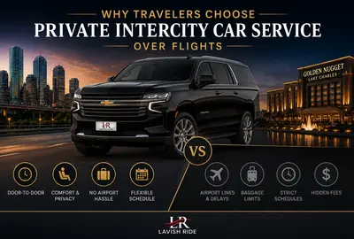 Luxury Chevrolet Suburban chauffeur SUV driving between Houston and Lake Charles at sunset, promoting private intercity car service over flights with benefits including door-to-door transportation, privacy, flexible scheduling, and no airport hassle.
