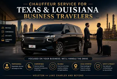 Professional chauffeur service image featuring luxury black executive transportation for Texas and Louisiana business travelers, with corporate executives, industrial refinery backdrops, upscale business travel atmosphere, and premium long-distance private car service between Houston and Lake Charles.