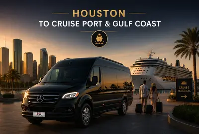 Luxury Mercedes-Benz Sprinter van providing Houston to cruise port and Gulf Coast transportation, featuring private chauffeur travel, cruise terminal access, waterfront scenery, and premium group transportation service.