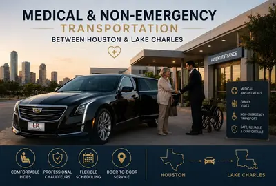 Luxury Cadillac medical transportation service between Houston and Lake Charles, featuring non-emergency patient travel, professional chauffeur assistance, and comfortable door-to-door rides.
