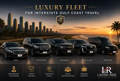 Luxury Gulf Coast transportation fleet featuring Mercedes S600, Lincoln Navigator, Chevrolet Suburban, Cadillac Escalade, and Sprinter van with Lavish Ride branding at sunset.