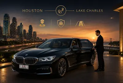 BMW 7 Series luxury chauffeur service between Houston and Lake Charles featuring professional private transportation, interstate travel reliability, privacy, and executive long-distance travel at sunset.