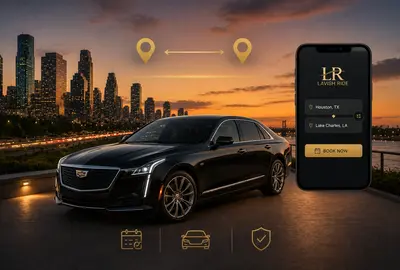 Luxury Houston to Lake Charles transportation booking image featuring a Cadillac sedan, mobile reservation app, private chauffeur service, and sunset city skyline for premium long-distance travel.
