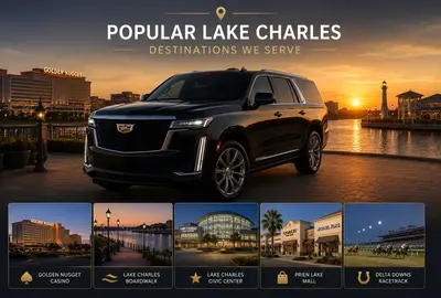 Cadillac Escalade SUV at Lake Charles waterfront during sunset, promoting luxury transportation to popular destinations including Golden Nugget Casino, Lake Charles Boardwalk, Civic Center, Prien Lake Mall, and Delta Downs Racetrack.