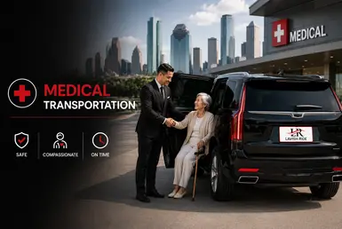 Chauffeur assisting an elderly passenger into a luxury SUV for long-distance medical transportation in Houston.