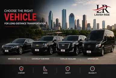 Luxury long-distance transportation fleet featuring a Mercedes sedan, Chevrolet Suburban, Cadillac Escalade, and Sprinter van in Houston.