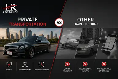 Houston private long-distance transportation compared to airlines, taxis, and rideshares, featuring a luxury chauffeur-driven sedan.