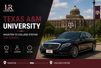 Luxury car service to Texas A&M University featuring a Mercedes sedan parked on campus in College Station.