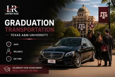 Graduation transportation for Texas A&M University featuring graduates and a luxury Mercedes sedan on campus in College Station.