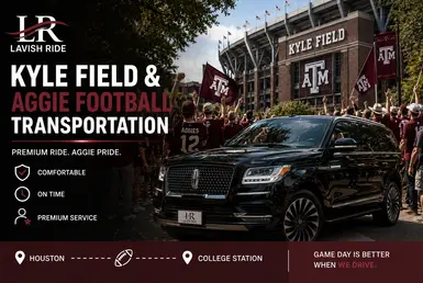 Fans arriving at Kyle Field in a luxury Lincoln Navigator for Texas A&M Aggies football transportation in College Station.