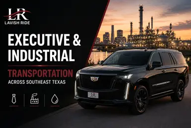 Executive and industrial transportation across Southeast Texas featuring a luxury Cadillac Escalade near a refinery and business district.