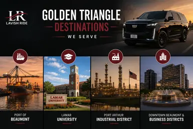 Golden Triangle destinations served by luxury transportation, including Port of Beaumont, Lamar University, Port Arthur Industrial District, and Downtown Beaumont.