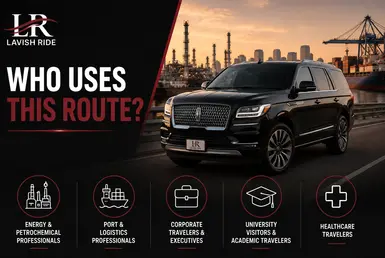 Luxury Lincoln Navigator transportation for executives, energy professionals, university visitors, logistics teams, and healthcare travelers in Southeast Texas.