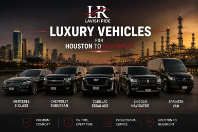 Luxury vehicle fleet for Houston to Beaumont transportation featuring a Mercedes S-Class, Chevrolet Suburban, Cadillac Escalade, Lincoln Navigator, and Sprinter van.