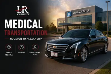 Medical transportation between Houston and Alexandria featuring a luxury Cadillac sedan outside a modern medical center.