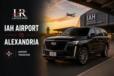 Houston airport to Alexandria transfer service featuring a luxury Cadillac Escalade SUV at an airport terminal.