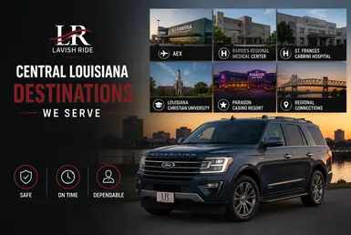 Central Louisiana destinations served by Lavish Ride luxury transportation, including Alexandria International Airport, regional hospitals, Louisiana Christian University, Paragon Casino Resort, and surrounding Louisiana communities.