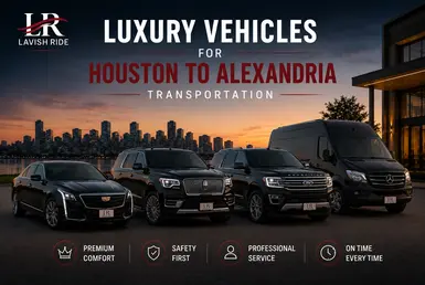 Luxury vehicle fleet for Houston to Alexandria transportation featuring a Cadillac sedan, Lincoln Navigator, Ford Expedition, and Mercedes Sprinter van.