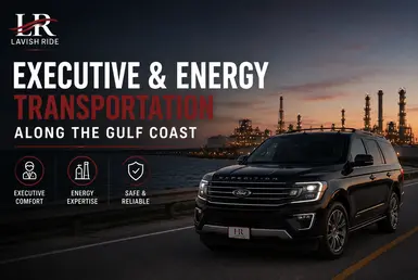 Executive and energy transportation service with a luxury SUV driving along the Gulf Coast at sunset.