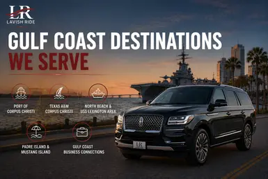 Gulf Coast destinations served by luxury transportation, including Port of Corpus Christi, Texas A&M University-Corpus Christi, North Beach, Padre Island, Mustang Island, and regional business centers.