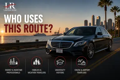 Luxury Mercedes-Benz S-Class transportation for energy professionals, vacation travelers, university visitors, and cruise and airport passengers along the Texas Gulf Coast.