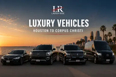 Luxury vehicle fleet for Houston to Corpus Christi transportation featuring a BMW sedan, Ford Expedition, Lincoln Navigator, and Mercedes Sprinter van along the Texas Gulf Coast.