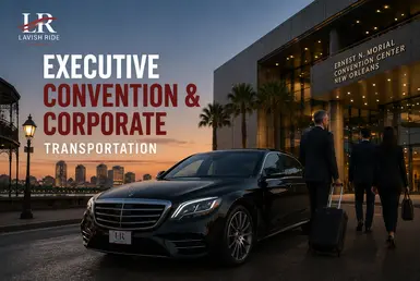 Executive and corporate transportation in New Orleans featuring a luxury Mercedes-Benz sedan outside a convention center with business travelers.