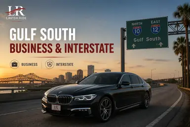 Gulf South business and interstate transportation featuring a luxury BMW 7 Series sedan traveling between major Gulf Coast business destinations.