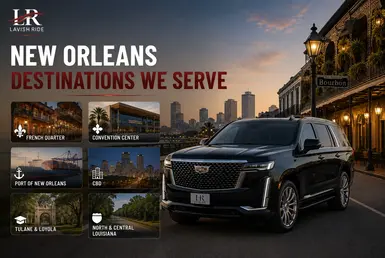 New Orleans destinations served by luxury transportation, including the French Quarter, Convention Center, Port of New Orleans, CBD, Tulane University, Loyola University, and Louisiana regional connections.