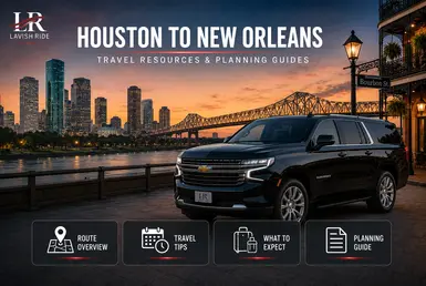 Houston to New Orleans travel planning guide featuring a luxury Chevrolet Suburban with route resources, travel tips, and transportation information.
