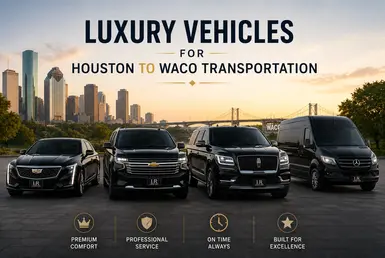 Luxury vehicle fleet for Houston to Waco transportation featuring a Cadillac sedan, Chevrolet Tahoe, Lincoln Navigator, and Mercedes Sprinter van.