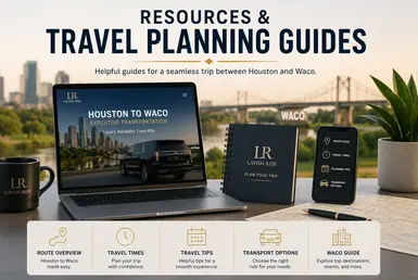 Travel resources and planning guides featuring a luxury SUV, route planning tools, travel schedules, and transportation information for seamless trip preparation.